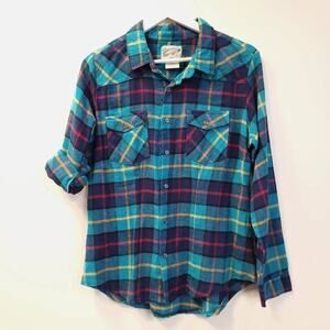 Overdrive Plaid Flannel Shirt Button Down Women's Size Small Roll Tab Sleeve​